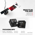 Product packaging with Luminous C50 camera, warranty card, quick start guide, and box dimensions on a white background.