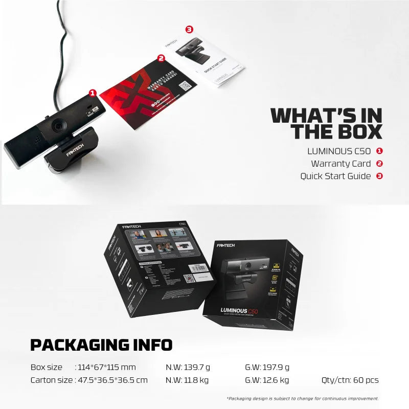Product packaging with Luminous C50 camera, warranty card, quick start guide, and box dimensions on a white background.