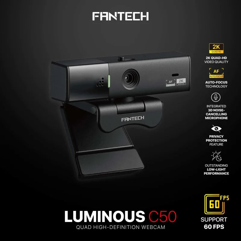 Fantech Luminous C50 webcam on a black background with product features listed.