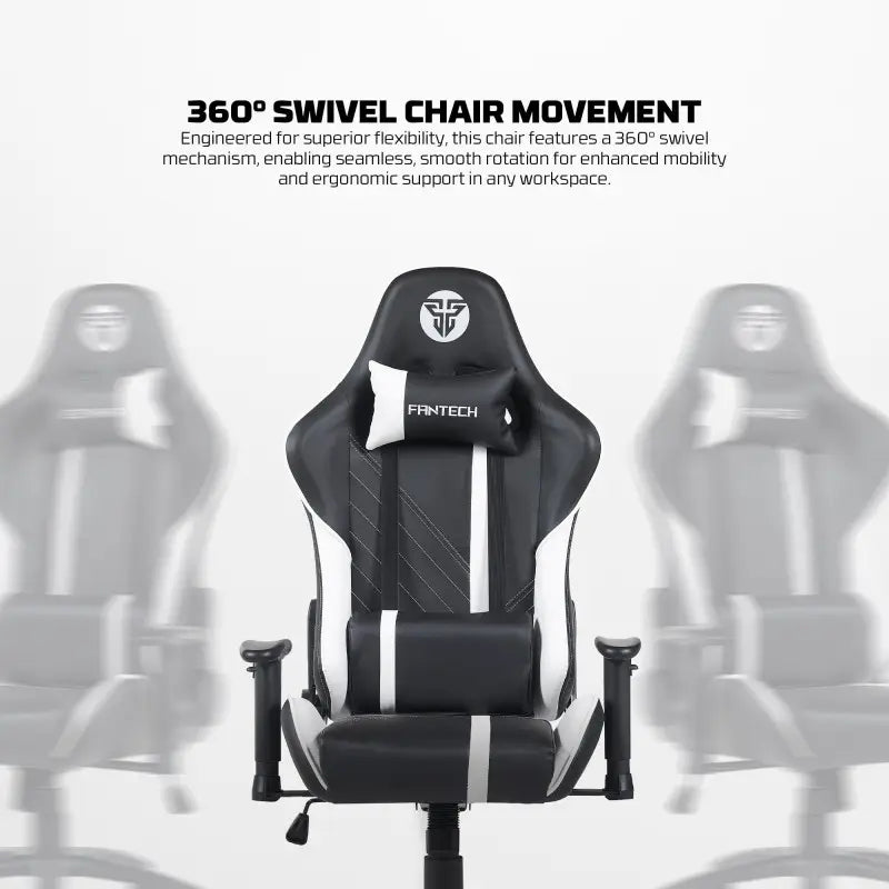 Technical infographic for the Fantech GC194 showing the 360-degree swivel chair movement at LebTech Store Lebanon, engineered for superior flexibility and mobility in any workspace across Lebanon.