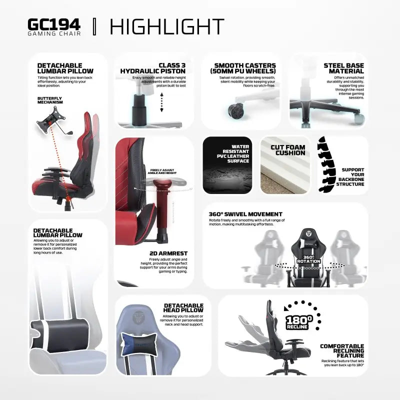 Complete feature highlight infographic for the Fantech GC194 gaming chair at LebTech Store Lebanon, detailing 2D armrests, 180-degree recline, steel base, and water-resistant PVC leather for customers in Lebanon.
