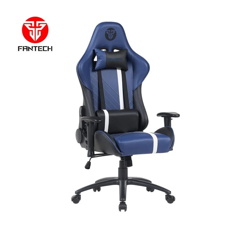 Angled view of the Fantech GC194 Blue and Black gaming chair at LebTech Store Lebanon, showing the adjustable headrest, lumbar support pillows, and ergonomic high-back design with fast delivery across Lebanon.
