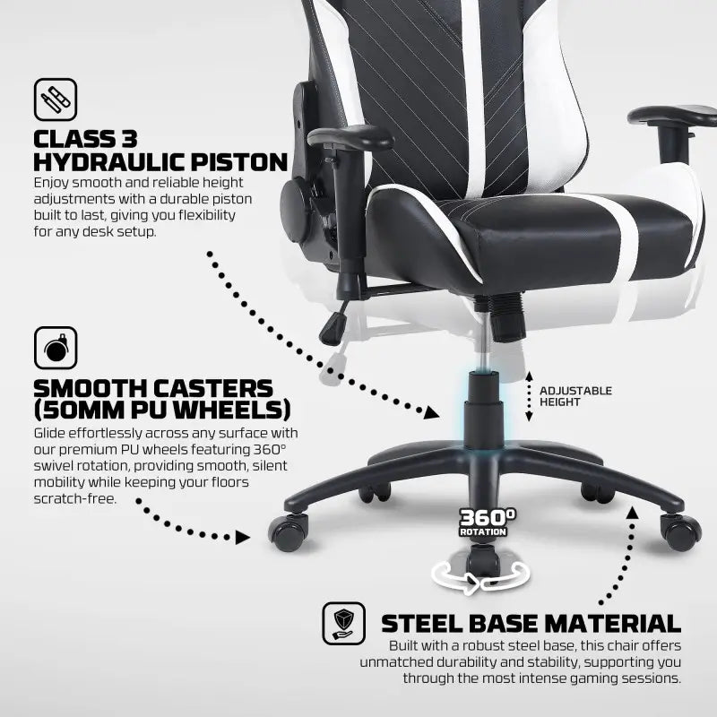 Technical specs infographic for Fantech GC194 at LebTech Store Lebanon, showcasing the Class 3 hydraulic piston for height adjustment, 50mm smooth PU wheels, and heavy-duty steel base material for customers in Lebanon.