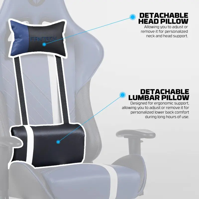 Infographic of the Fantech GC194 detachable head and lumbar pillows at LebTech Store Lebanon, showing adjustable ergonomic support for neck and lower back comfort during long hours in Lebanon.
