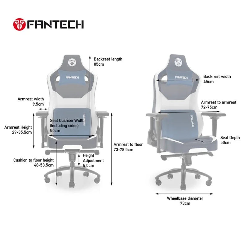Detailed dimension guide for the Fantech Alpha GC-283 gaming chair at LebTech Store Lebanon, showing a 73cm wheelbase, 85cm backrest length, and adjustable seat height for customers in Lebanon