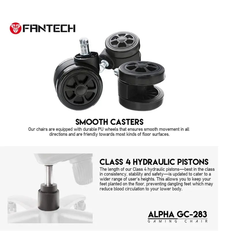 Technical specs for the Fantech Alpha GC-283 at LebTech Store Lebanon, showcasing smooth-rolling PU casters safe for all floors and high-performance Class 4 hydraulic pistons for maximum stability and safety in Lebanon