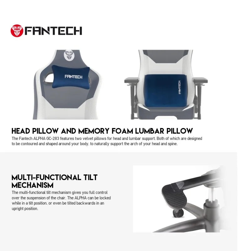 Infographic of Fantech Alpha GC-283 detailing the velvet head pillow, memory foam lumbar support, and multi-functional tilt mechanism, available at LebTech Store Lebanon with fast shipping across Lebanon.