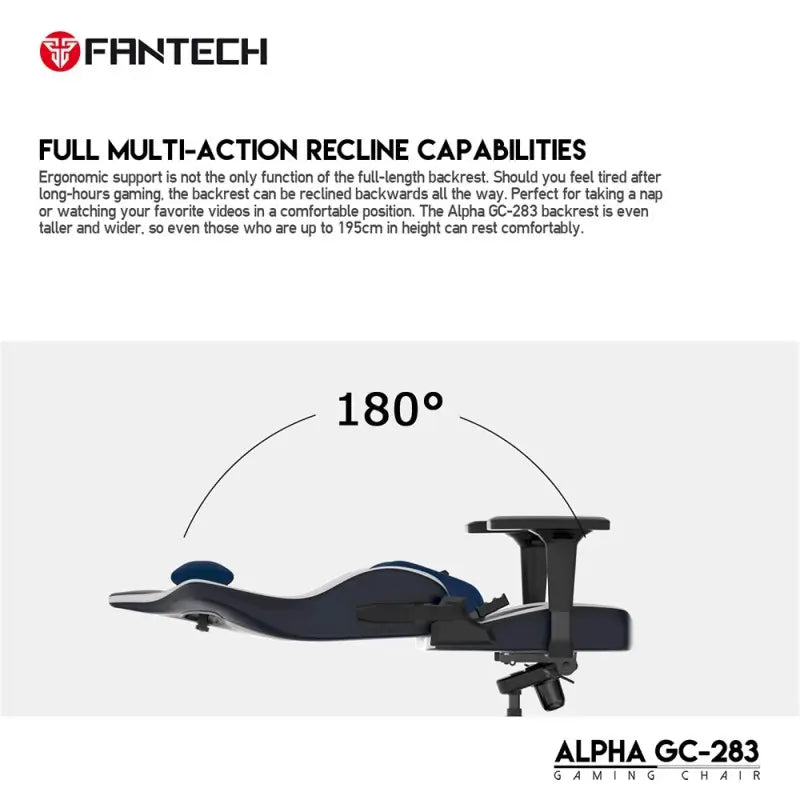 Infographic showing the 180-degree full recline capability of the Fantech Alpha GC-283 gaming chair at LebTech Store Lebanon, suitable for users up to 195cm tall with fast delivery across Lebanon.