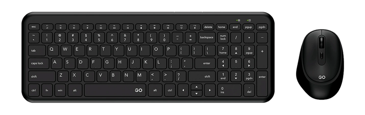 Fantech GO WK901 black wireless keyboard with numeric keypad and matching four-button mouse, top view