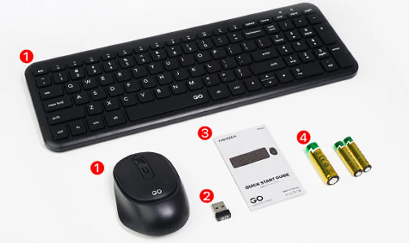 Fantech GO WK901 black keyboard and mouse with USB receiver, quick start guide and three batteries