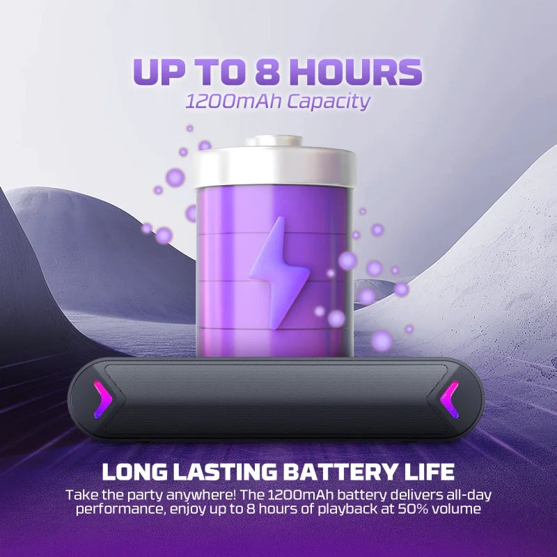Battery with purple accents and text highlighting long-lasting battery life on a gradient background- LebTech Store