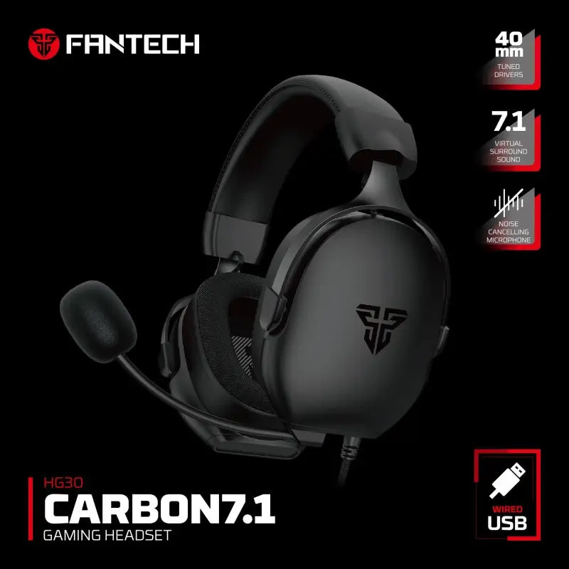 Fantech Carbon 7.1 gaming headset with features highlighted on a black background