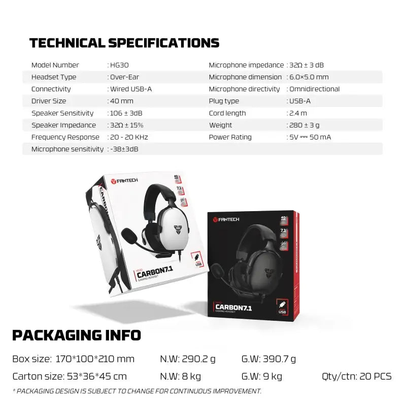 Technical specifications and packaging information for a gaming headset with FANTECH branding.