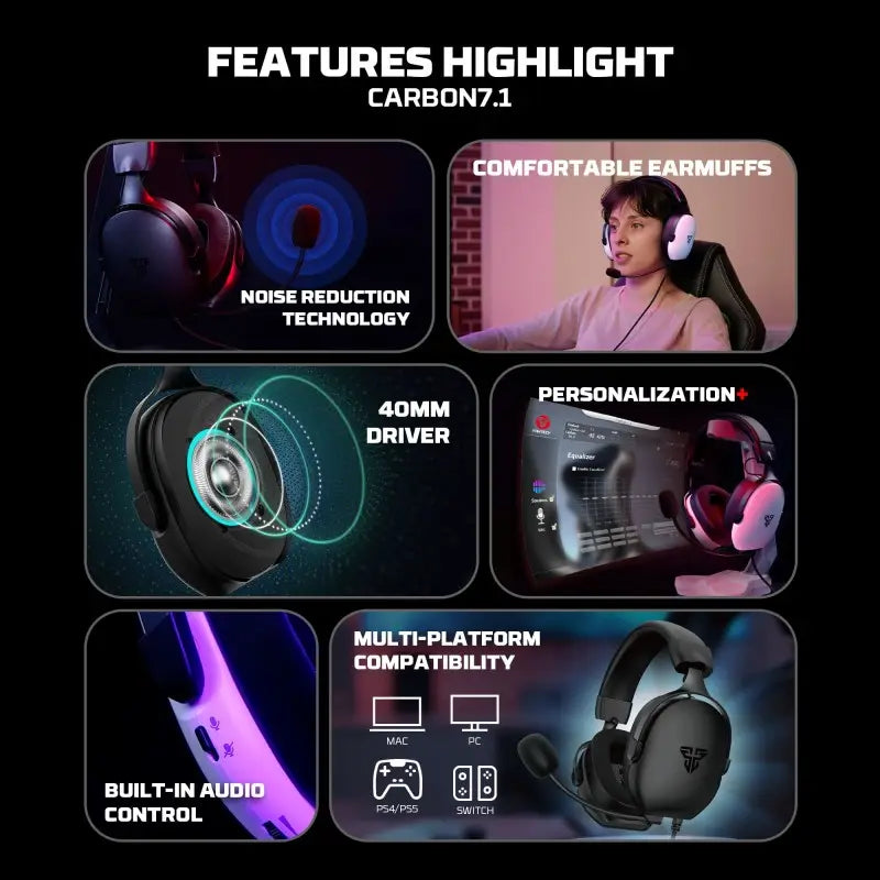 Gaming headset features highlighted with text on a black background