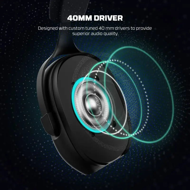Headphones with a focus on the 40mm driver, highlighting superior audio quality.