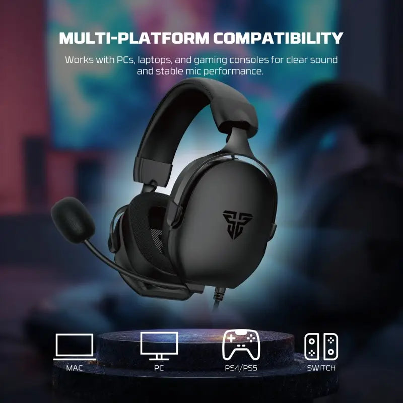 Gaming headset with multi-platform compatibility text on a blurred gaming setup background