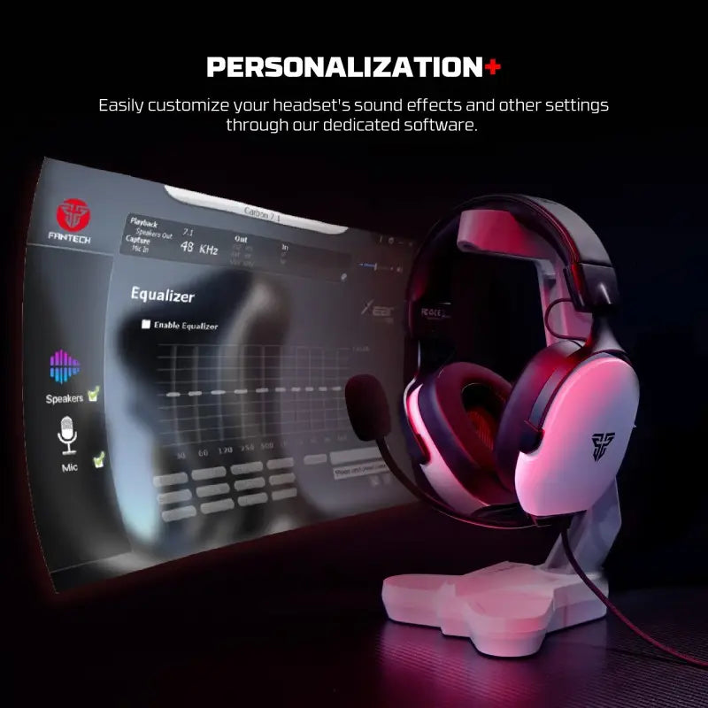 Gaming headset with software interface on a black background, emphasizing customization options.
