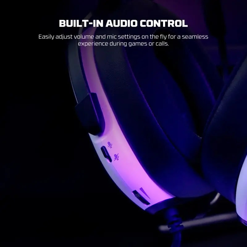 Gaming headset with RGB lighting on a dark background, highlighting built-in audio control feature.