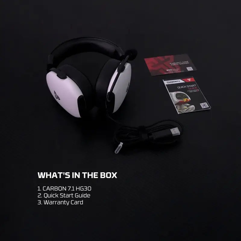 Headphones with accessories on a black background, including a quick start guide and warranty card.