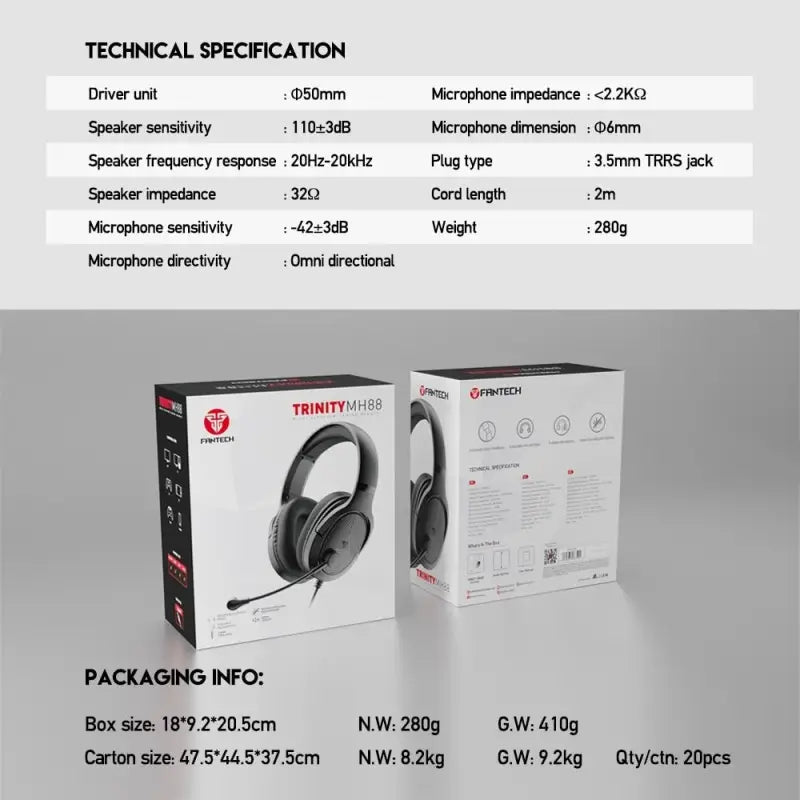 FANTECH gaming headset with technical specifications and packaging details on a gray background