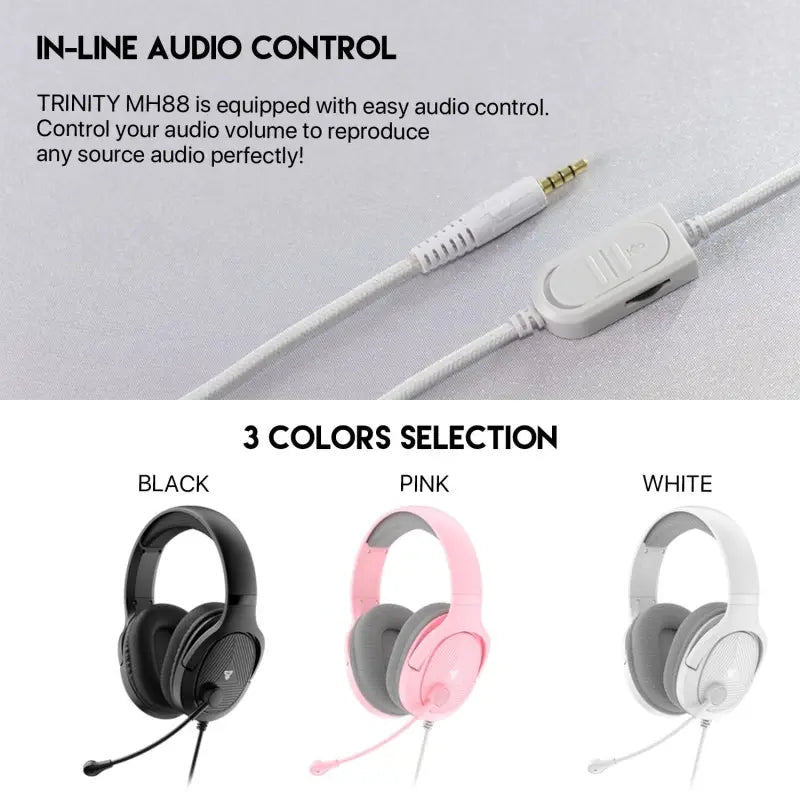 TRINITY MH88 headphones with in-line audio control and color options on a gray background