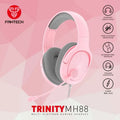 Fantech Trinity MH88 gaming headset on a pink background with features listed.