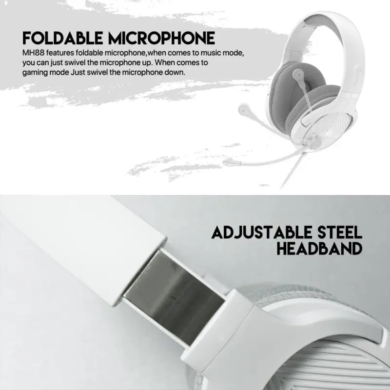 White gaming headset with foldable microphone and adjustable steel headband on a light gray background.