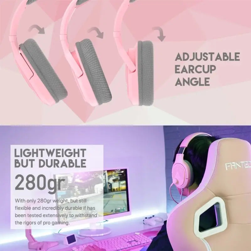 Pink gaming headset with adjustable earcup angle and lightweight durability features.