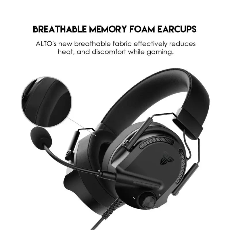 Black gaming headset with breathable memory foam earcups on a white background