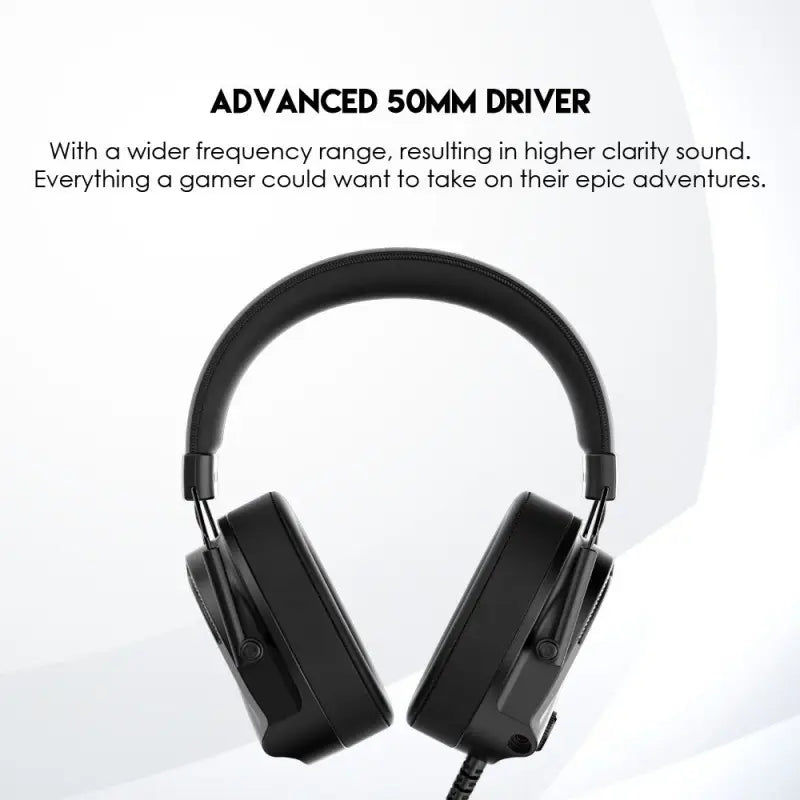 Black gaming headset with text about advanced 50mm driver on a white background