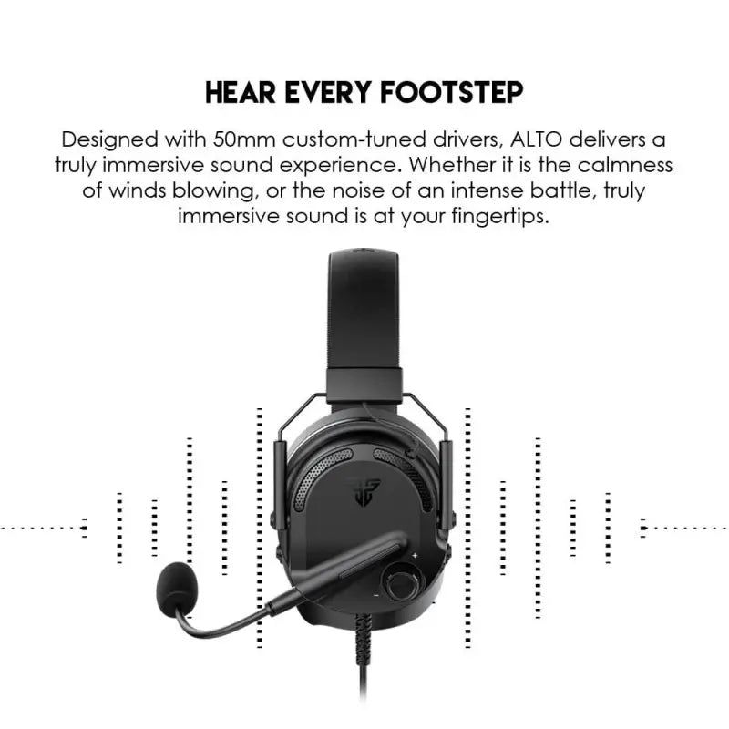 Black gaming headset with microphone on a white background, featuring text about sound quality.