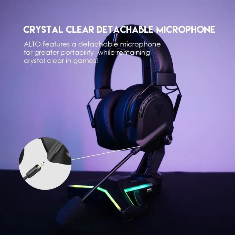 Gaming headset with detachable microphone on a dark background