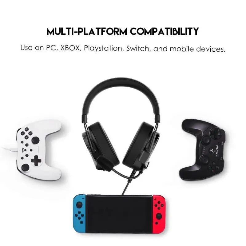 Gaming accessories including a controller, headset, and console on a white background with text about multi-platform compatibility.