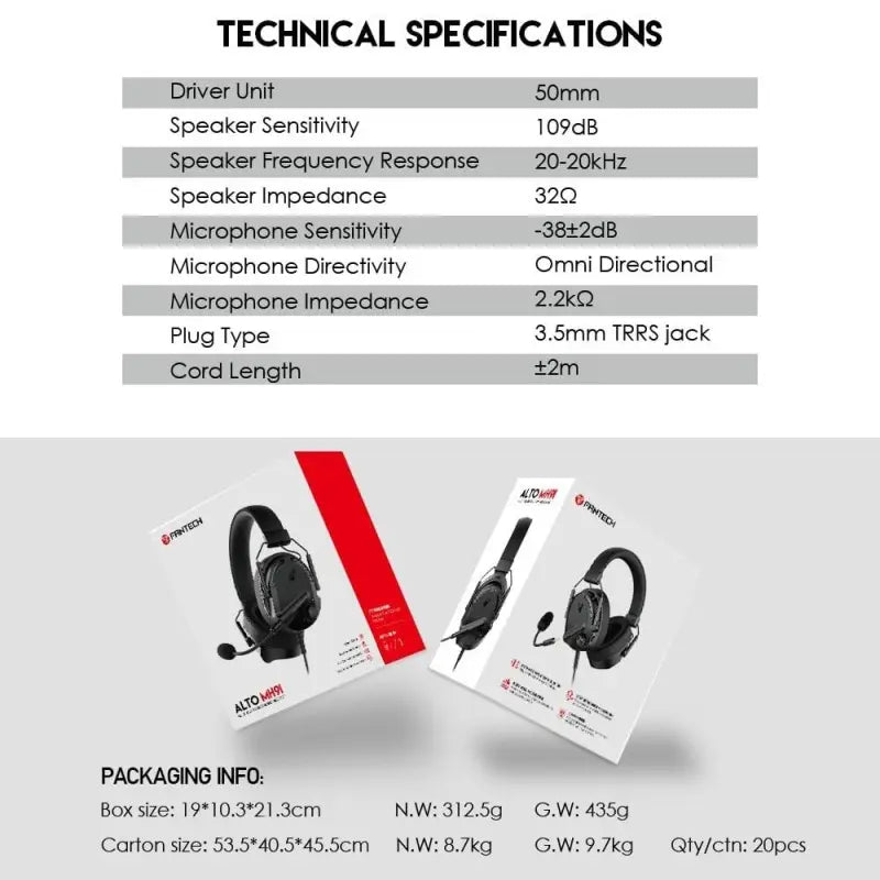 Technical specifications of a headset with packaging information displayed below.