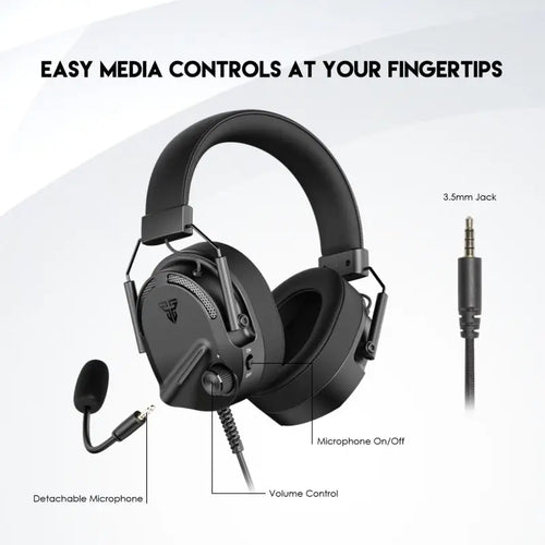 Black gaming headset with detachable microphone and 3.5mm jack on a white background