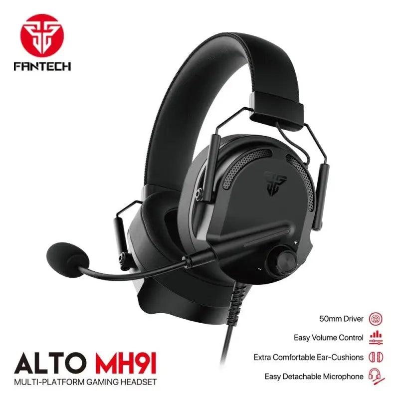 Black gaming headset with microphone on a white background, featuring the Fantech logo.