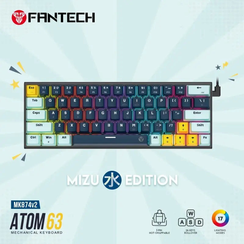 Mechanical keyboard with colorful keycaps on a light blue background, featuring the Fantech brand.