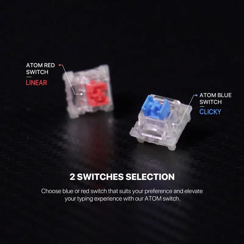 Two mechanical keyboard switches, one red and one blue, on a black background with text indicating switch types.