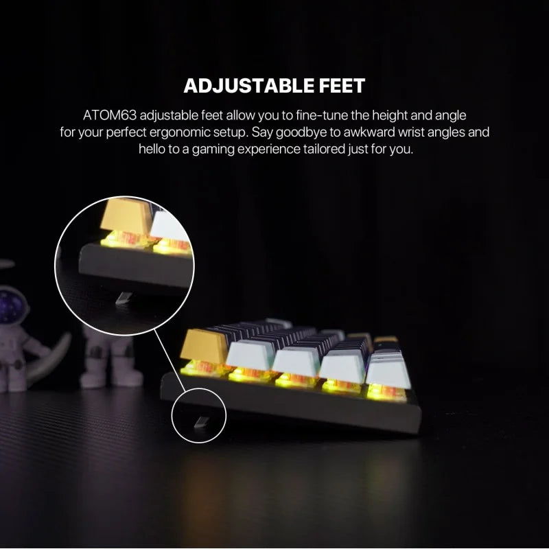 Keyboard with adjustable feet feature highlighted on a dark background