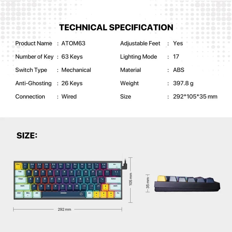 Technical specifications and size details of a mechanical keyboard with a white background.