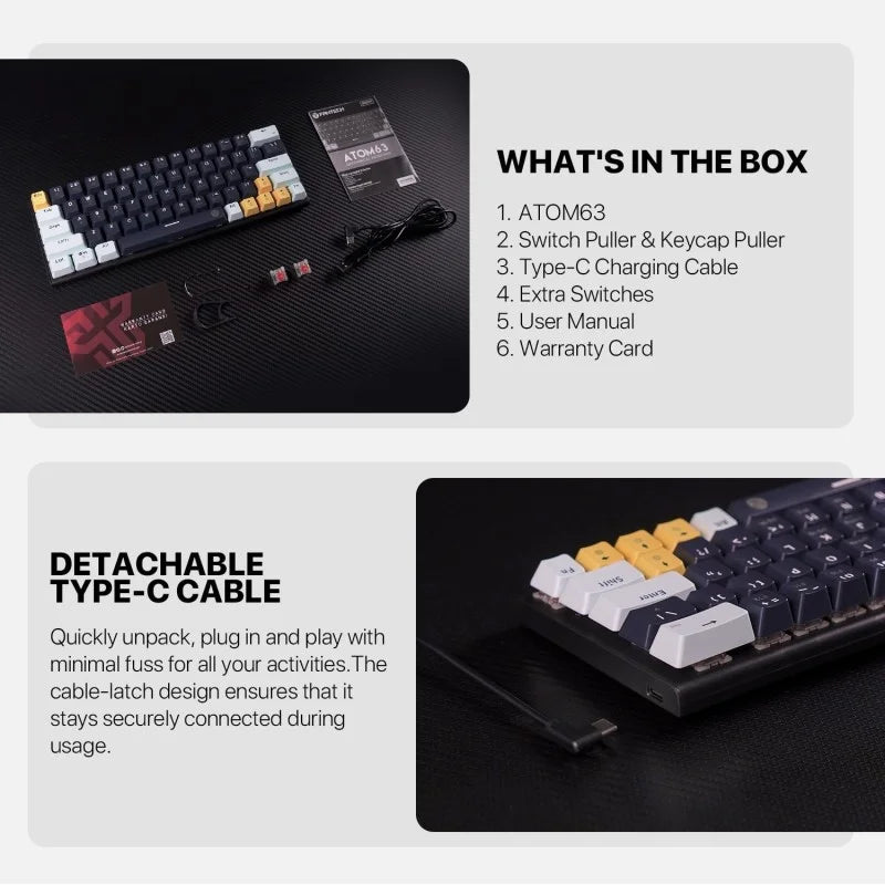 Keyboard packaging with detachable Type-C cable and product details on a black and white background