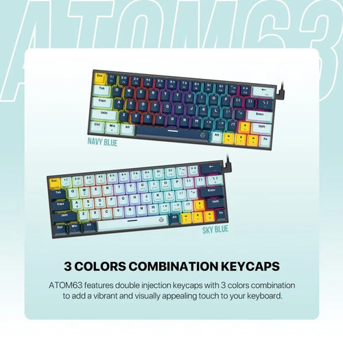 Keyboard with 3 colors combination keycaps on a light blue background