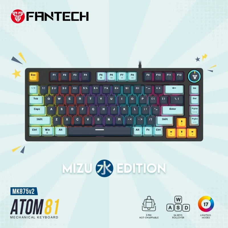 Mechanical keyboard with Fantech branding on a light blue background