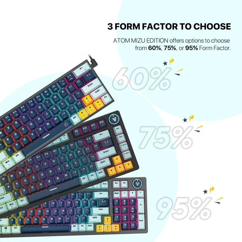 Three keyboard models with different form factors on a light blue background