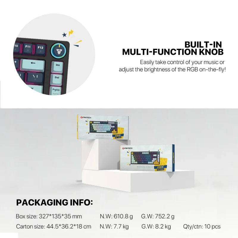 Keyboard with built-in multi-function knob and packaging information on a white background