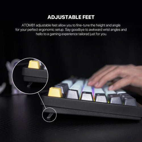 Keyboard with adjustable feet feature highlighted on a dark background