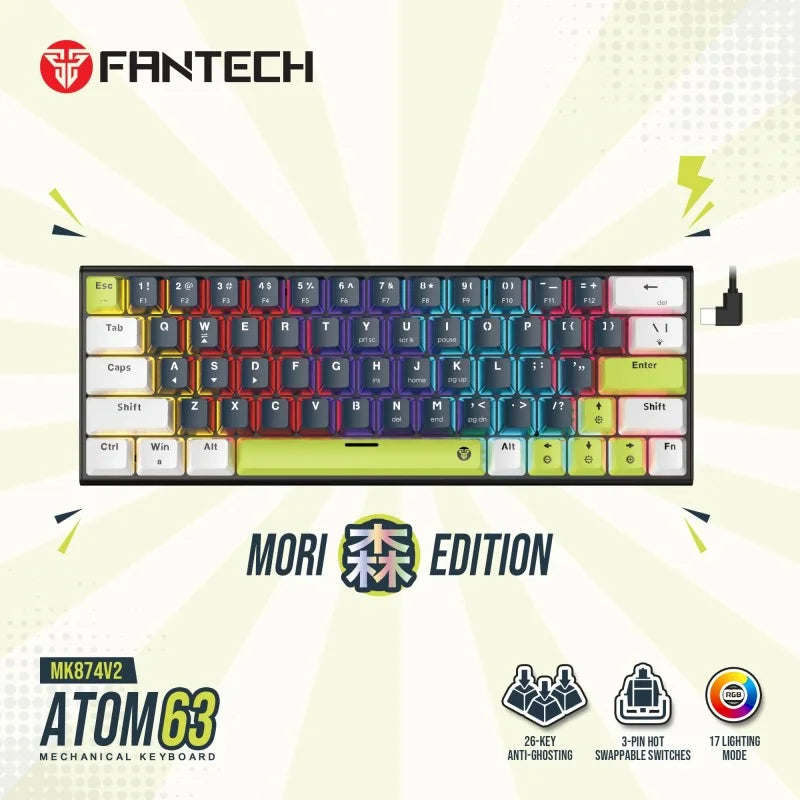 Mechanical keyboard with colorful keys on a light background, featuring the Fantech brand.