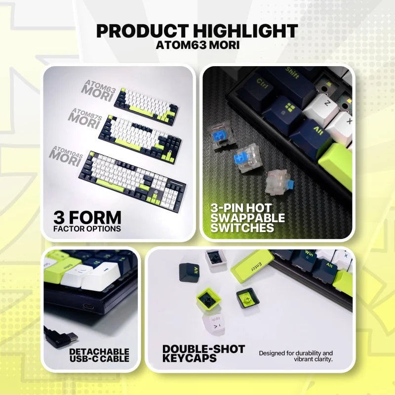 Product highlight of Atom63 Mori keyboard with features like 3-form factor options, detachable USB-C cable, and double-shot keycaps.
