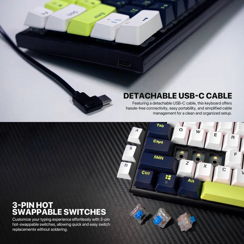 Mechanical keyboard with detachable USB-C cable and 3-pin hot swappable switches on a dark surface.