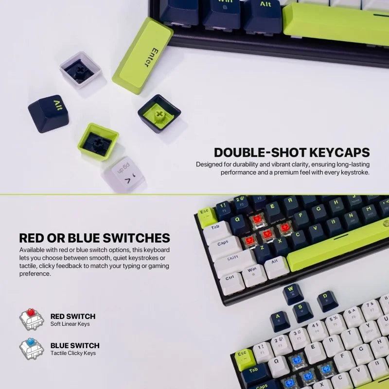 Keyboard with customizable keycaps and switch options on a white background